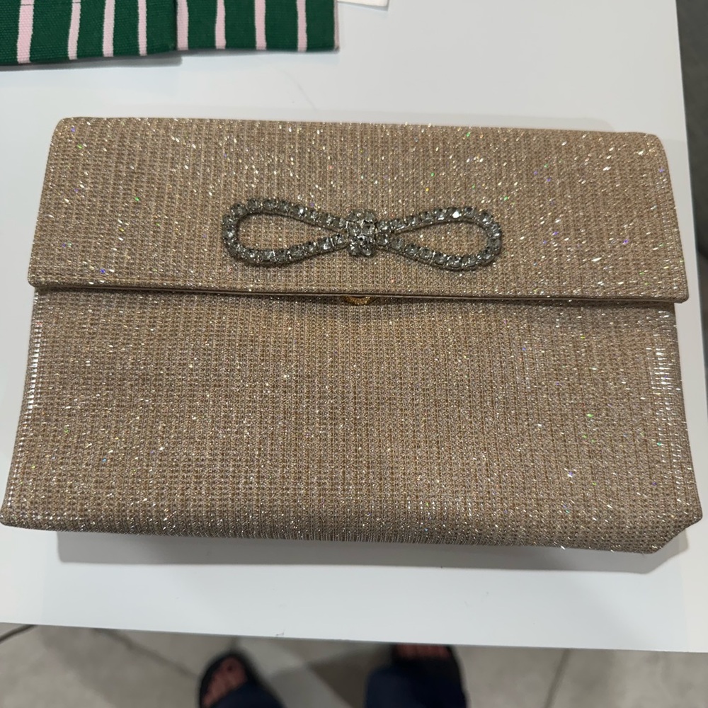 Jewel Badgley Mischka Gold Clutch with Silver Bow